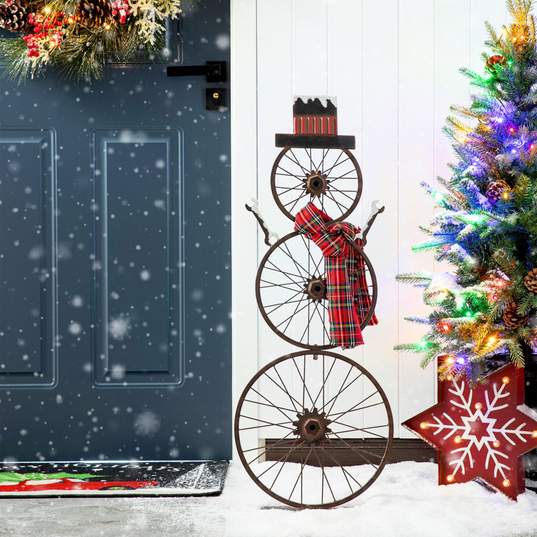 The Holiday Aisle® 34"H Metal Bike Wheel Snowman w/Plaid Scarf Porch